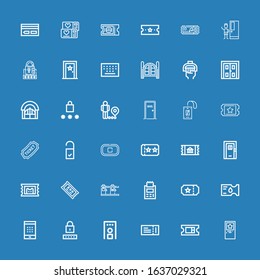 Editable 36 entry icons for web and mobile. Set of entry included icons line Door, Ticket, Security gate, Password, Stop, Doorknob, Pass, Restriction, Double door on blue background