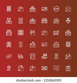 Editable 36 envelope icons for web and mobile. Set of envelope included icons line Invitation, Email, Envelope, Stationary, Mailbox, Contacts, Sharpener, Mail, Postcard on red