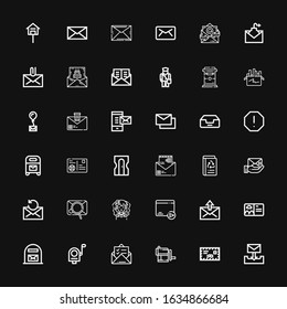 Editable 36 envelope icons for web and mobile. Set of envelope included icons line Email, Mail, Sharpener, Mail box, Postcard, Bride, Envelope, Book recycled on black background