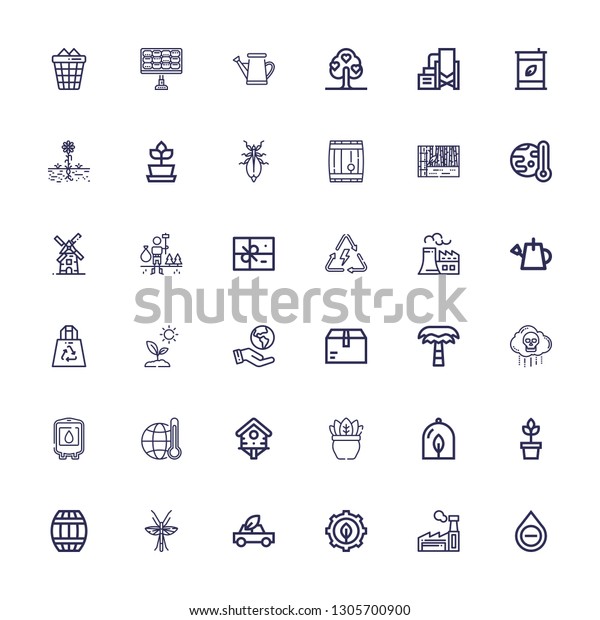 Editable 36\
environment icons for web and mobile. Set of environment included\
icons line Blood, Factory, Green energy, Eco car, Bug, Barrel,\
Plant, Bird house on white\
background