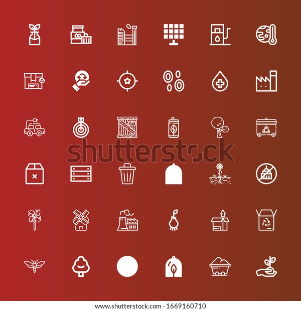 Editable 36\
environment icons for web and mobile. Set of environment included\
icons line Plant, Coal, Leaves, Tree, Bug, Box, Package, Root,\
Nuclear plant, Windmill, Ngo on\
red