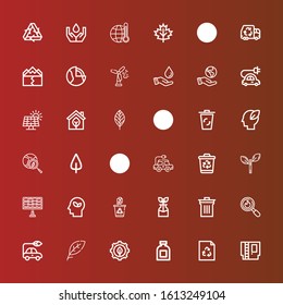 Editable 36 environmental icons for web and mobile. Set of environmental included icons line Cartridge, Recycle, Conserve, Green energy, Leaf, Electric car, Disaster, Bin on red