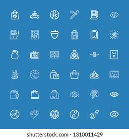 Editable 36 eps icons for web and mobile. Set of eps included icons line Eye, Eyedropper, Yin yang, Peace sign, Gps, Wheel, Panpipe, Shopping bag, Maloik, Kettlebell on blue background