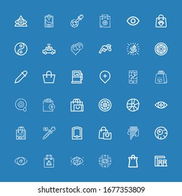 Editable 36 eps icons for web and mobile. Set of eps included icons line Gas station, Shopping bag, Eye, Eyeball, Panpipe, Gps, Eyedropper, Wheel, Gas pump on blue background