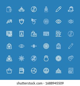 Editable 36 eps icons for web and mobile. Set of eps included icons line Psd file, Eye, Peace sign, Wheel, Gas pump, Shopping bag, Gps, Kettlebell, Edit button on blue background