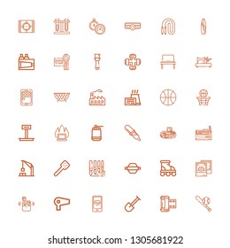 Editable 36 equipment icons for web and mobile. Set of equipment included icons line Baseball, Photo film, Shovel, Smartphone, Hair dryer, Airpods, Pictures on white background