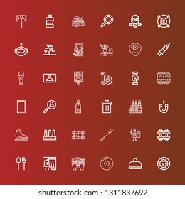 Editable 36 equipment icons for web and mobile. Set of equipment included icons line Electric, Gym, Vinyl, Keyboard, Gallery, Cutlery, Dumbbell, Paintball, Barbecue fork on red