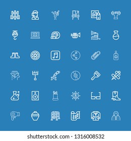 Editable 36 equipment icons for web and mobile. Set of equipment included icons line Coat, Lab coat, Gauze, Walking stick, Pottery, Hairdryer, Boots, Glasses on blue background