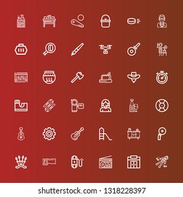 Editable 36 equipment icons for web and mobile. Set of equipment included icons line Scuba diving, Gym, Radio, Wire, Saw, Weapons, Cutter, Cupboard, Playground, Guitar on red