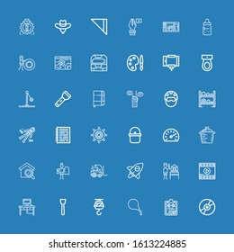 Editable 36 equipment icons for web and mobile. Set of equipment included icons line Compact disc, Gym file, Enema, Crane, Spatula, Desktop, Film, Gardener on blue background