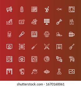 Editable 36 equipment icons for web and mobile. Set of equipment included icons line Picture, Flask, Fishing rod, Bagpipes, Smartphone, Crane, Fan, Chest expander, No camera on red