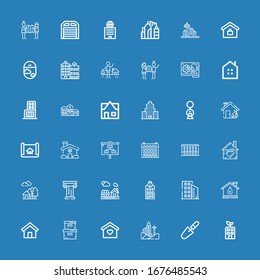 Editable 36 estate icons for web and mobile. Set of estate included icons line Building, Scraper, Home, Storage box, House, Buildings, Architecture, Planning on blue background