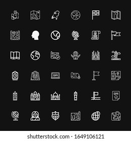 Editable 36 europe icons for web and mobile. Set of europe included icons line Map, Global, Nantes, Troglodyte, Earth globe, GDPR, Flags, Big ben, Taj mahal on black background