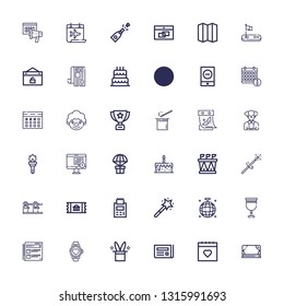 Editable 36 event icons for web and mobile. Set of event included icons line Stage, Calendar, Newspaper, Magic hat, Watch, News, Goblet, Mirror ball, Magic wand on white background