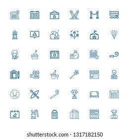 Editable 36 event icons for web and mobile. Set of event included icons line Clown, Calendar, Gift, Ticket, Magic hat, Stage, Trophy, Party blower, Kayak, Surprised on white background