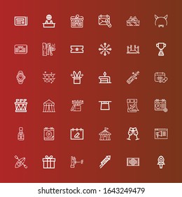 Editable 36 event icons for web and mobile. Set of event included icons line Torch, Carpet, Fireworks, Wand, Gift, Kayak, Notification, Champagne, Circus tent, Calendar on red