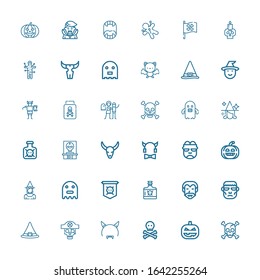 Editable 36 evil icons for web and mobile. Set of evil included icons line Skull, Pumpkin, Devil mask, Witch hat, Frankenstein, Dracula, Poison, Jolly roger on white background
