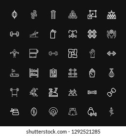 Editable 36 exercise icons for web and mobile. Set of exercise included icons line Fitness, Weightlifting, Boxing shorts, Baseball field, Rugby ball, Zen, Dumbbell on black background