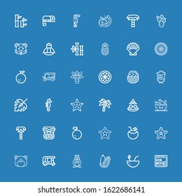 Editable 36 exotic icons for web and mobile. Set of exotic included icons line Aquarium, Coconut, Hamster, Tuk tuk, Starfish, Orange, Tiki, Palm tree, Fruit on blue background