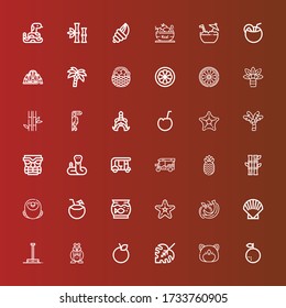 Editable 36 exotic icons for web and mobile. Set of exotic included icons line Orange, Hamster, Monstera leaf, Pole dance, Shell, Fruits, Starfish, Aquarium, Coconut, Macaw on red