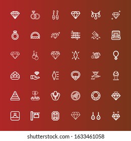 Editable 36 expensive icons for web and mobile. Set of expensive included icons line Diamond, Earrings, Gem, Sign, Ring, Necklace, Rings, Jewelry, Pearl, Riches on red