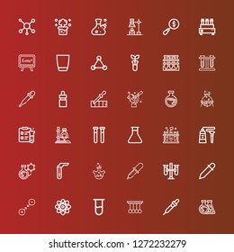 Editable 36 experiment icons for web and mobile. Set of experiment included icons line Flask, Pipette, Pendulum, Test tube, Physics, Gravity, Eyedropper, Test tubes, Tube on red