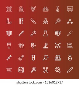 Editable 36 experiment icons for web and mobile. Set of experiment included icons line Eyedropper, Magnifying glass, Molecule, Science, Pendulum, Flask, Test tube, Genetic on red