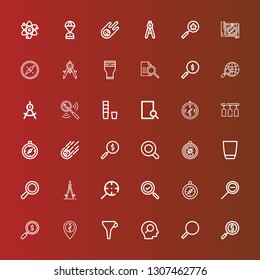 Editable 36 exploration icons for web and mobile. Set of exploration included icons line Magnifying glass, Search, Funnel, Compass, Zoom out, Glass, Meteorite, Searching on red