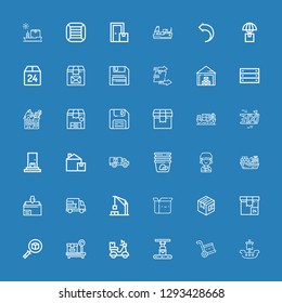 Editable 36 export icons for web and mobile. Set of export included icons line Ship, Delivery, Box, Package, Harbor crane, Cargo ship, Courier, Container, Diskette on blue background