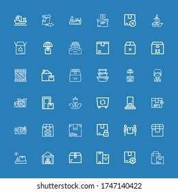 Editable 36 export icons for web and mobile. Set of export included icons line Box, Package, Boxes, Storehouse, Ship, Delivery, Cargo ship, Container, Courier on blue background