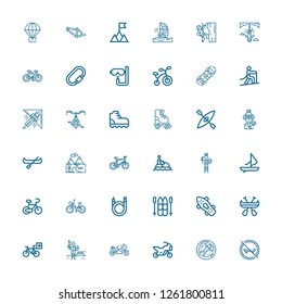 Editable 36 extreme icons for web and mobile. Set of extreme included icons line Skateboard, Zorbing, Motorbike, Motorcycle, Paintball, Bicycle, Canoe, Ski on white background