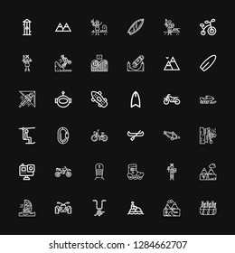 Editable 36 extreme icons for web and mobile. Set of extreme included icons line Rafting, Mountains, Jet ski, Bicycle, Quad, Windsurfing, Paintball, Roller skate on black background