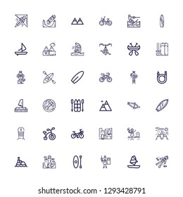 Editable 36 extreme icons for web and mobile. Set of extreme included icons line Scuba diving, Windsurf, Paintball, Kayak, Skateboard, Jet ski, Mountain, Cliff on white background