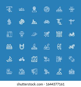 Editable 36 extreme icons for web and mobile. Set of extreme included icons line Paintball, Mountain, Climbing, Skateboard, Roller skate, Kayak, Cliff, Bicycle on blue background