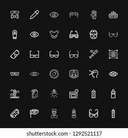 Editable 36 eye icons for web and mobile. Set of eye included icons line Big ben, Glasses, Eye dropper, Virtual reality, Mascara, Safety glasses, Anti age on black background