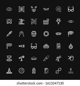 Editable 36 eye icons for web and mobile. Set of eye included icons line Dropper, Glasses, Observation, Contact lens, Lens, Hallgrimskirkja, Virtual reality on black background