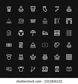 Editable 36 fabric icons for web and mobile. Set of fabric included icons line Acrylic, Sweatpants, Sewing, Safety pin, Polo shirt, Sewing machine, Blanket on black background