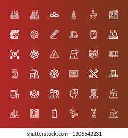Editable 36 factory icons for web and mobile. Set of factory included icons line Chimney, Energy, Gear, Building, Robot arm, Nuclear plant, Ecology, Configuration, Conveyor on red