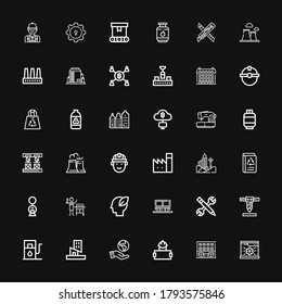 Editable 36 factory icons for web and mobile. Set of factory included icons line System, Building, Worker, Ecologism, Gas station, Robot arm, Configuration on black background