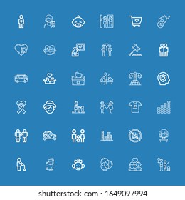 Editable 36 family icons for web and mobile. Set of family included icons line Family, Couple, Ponytail, Baby, Pregnant, Old man, Woman, Baby carriage, Equalizer on blue background