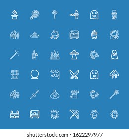Editable 36 fantasy icons for web and mobile. Set of fantasy included icons line Unicorn, Crossbow, Chest, Castle, Magic wand, Magic, Astral, Superhero, Spaceship on blue background