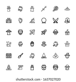 Editable 36 fantasy icons for web and mobile. Set of fantasy included icons line Ufo, Frankenstein, Magic, Rocket, Witch, Astral, Unicorn, Broomstick, Chest on white background