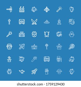 Editable 36 fantasy icons for web and mobile. Set of fantasy included icons line Unicorn, Ovni, Magic, Rocket launch, Magic lamp, Magician, Chest, Magic wand on blue background