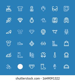 Editable 36 fashion icons for web and mobile. Set of fashion included icons line Ring, Cowgirl, Boots, Underwear, Shirt, Riches, Mirror, Acoustic guitar, Scarf on blue background