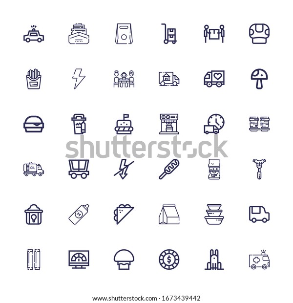 Editable 36 fast\
icons for web and mobile. Set of fast included icons line\
Ambulance, Rabbit, Chip, Mushroom, Speed, Sausage, Food truck,\
Container, Take away on white\
background