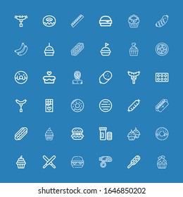 Editable 36 fat icons for web and mobile. Set of fat included icons line Cupcake, Hot dog, Sausage, Burger, Chocolate, Donut, Vitamins, Hamburguer, Hamburger on blue background