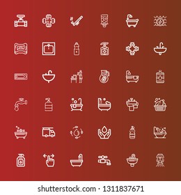 Editable 36 faucet icons for web and mobile. Set of faucet included icons line Sprinkler, Sink, Tap, Bathtub, Soap, Water, Plumber, Bath, Washbowl, Basin, Faucet, Pipe on red