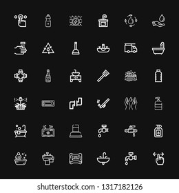 Editable 36 faucet icons for web and mobile. Set of faucet included icons line Tap, Sink, Soap, Basin, Bath, Pipe, Water, Save water, Pipes, Sprinkler, Plunger on black background