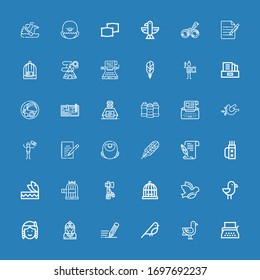 Editable 36 feather icons for web and mobile. Set of feather included icons line Typewriter, Seagulls, Bird, Write, Native american, Seagull, Dove, Bird cage on blue background