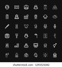 Editable 36 female icons for web and mobile. Set of female included icons line Woman, Body, Maid, Purse, Bust, Breast pump, Genders, Doormat, Dress, Cosmetics on black background